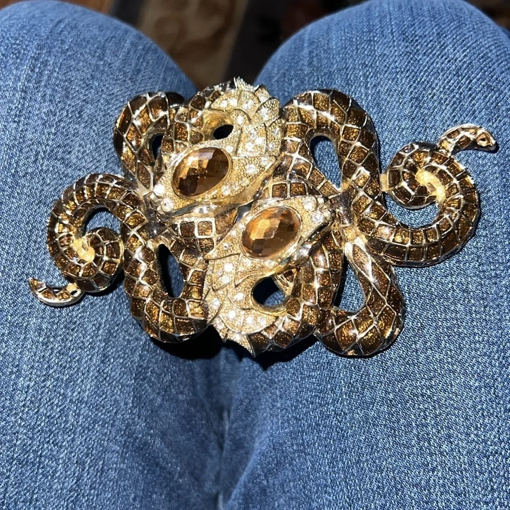 Vintage Extra Large Brown Enamel Double Snake Brooch Pin Pendant Crystals